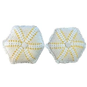 2 Vintage THROW PILLOWS 12” Round Bright Yellow Knit Crochet Retro Textured Gran